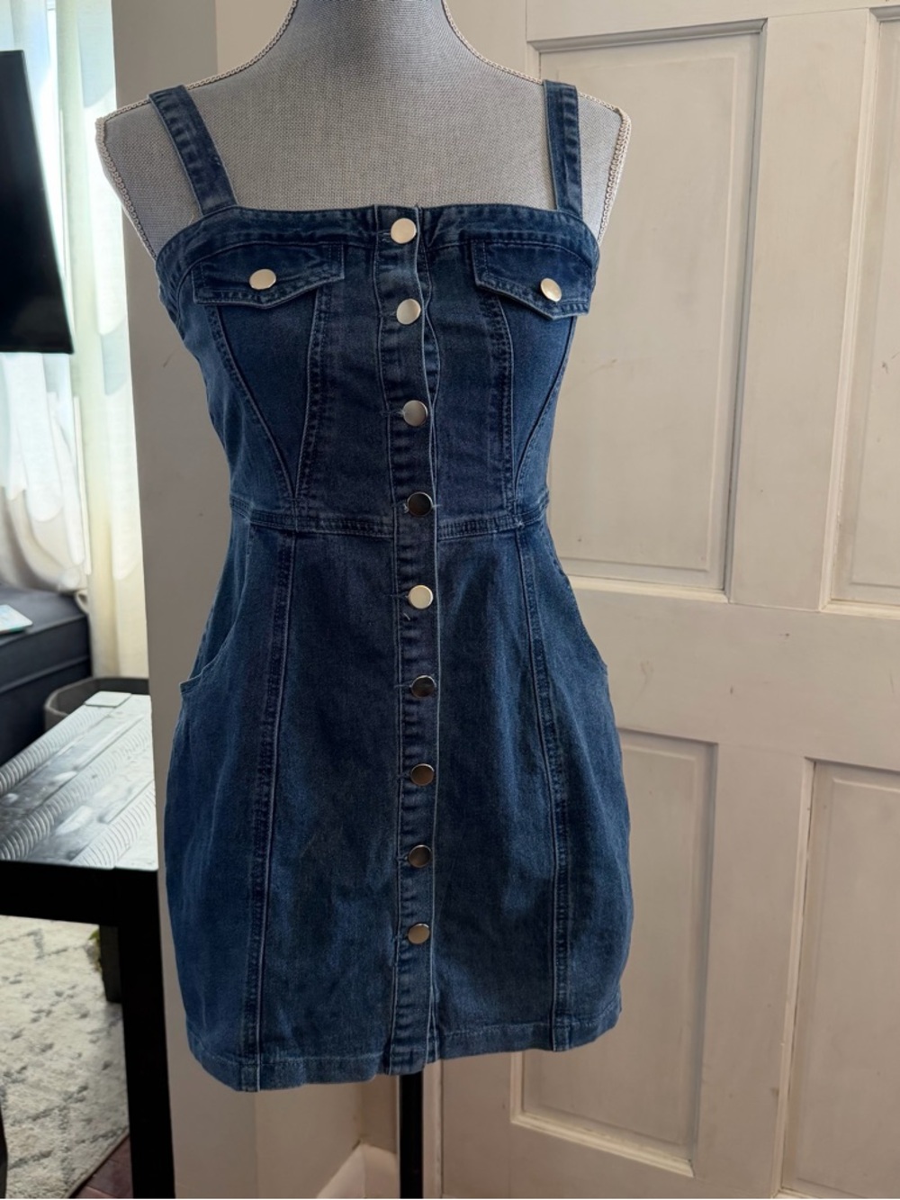 Allegra K Dark Blue Button-Front Denim Mini Dress